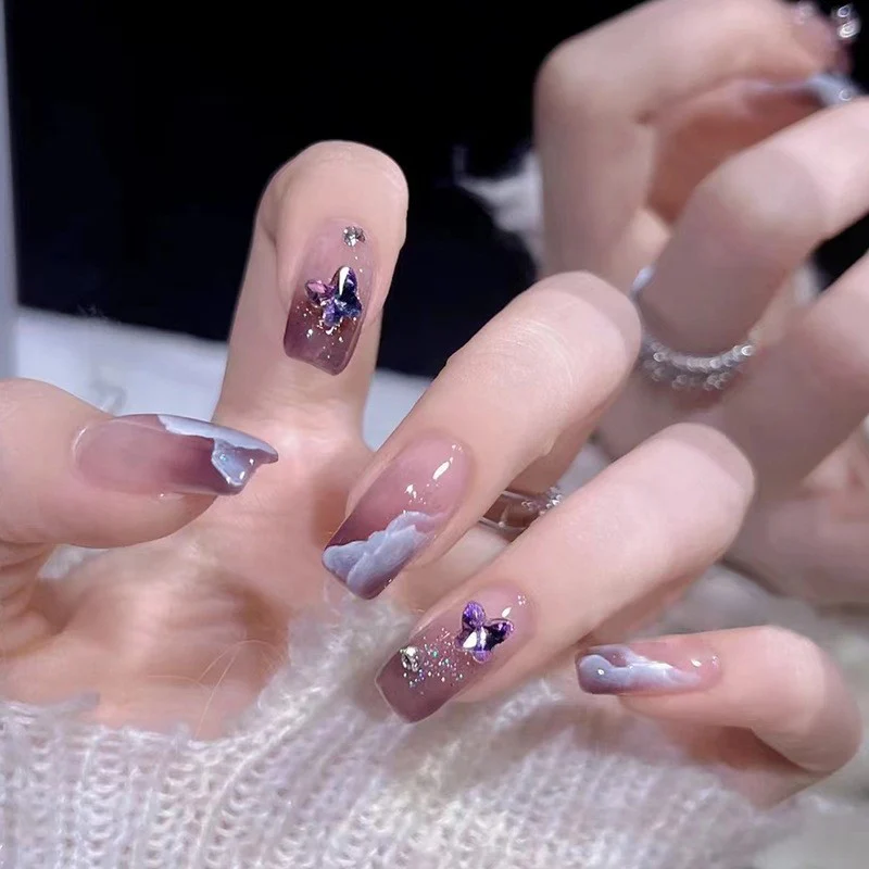 Mystical Twilight Medium Square Mauve Ombre Press On Nail Set with Crystal Butterflies and Glitter Highlights