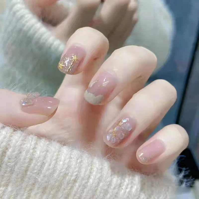 Natural Elegance Medium Square Beige Press On Nails with Gold Flake Accents