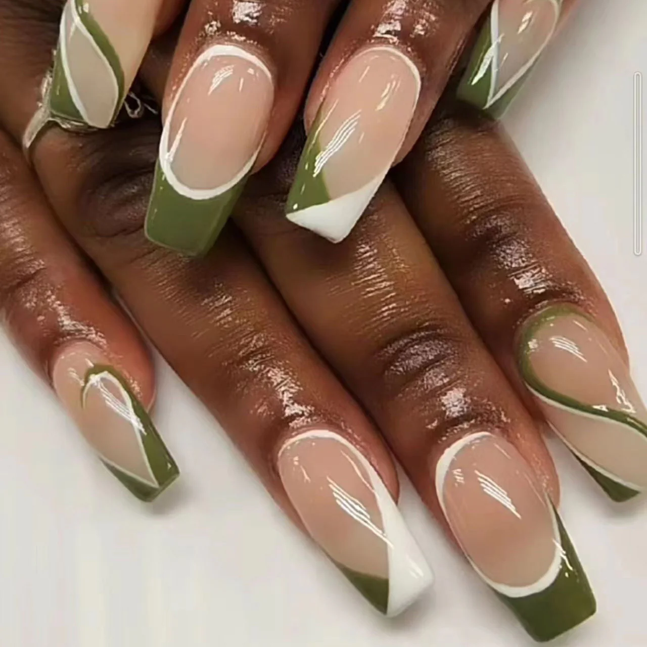 Nature's Elegance Long Coffin Olive Green and Beige Press On Nail Set with Stylish White Swirl Design