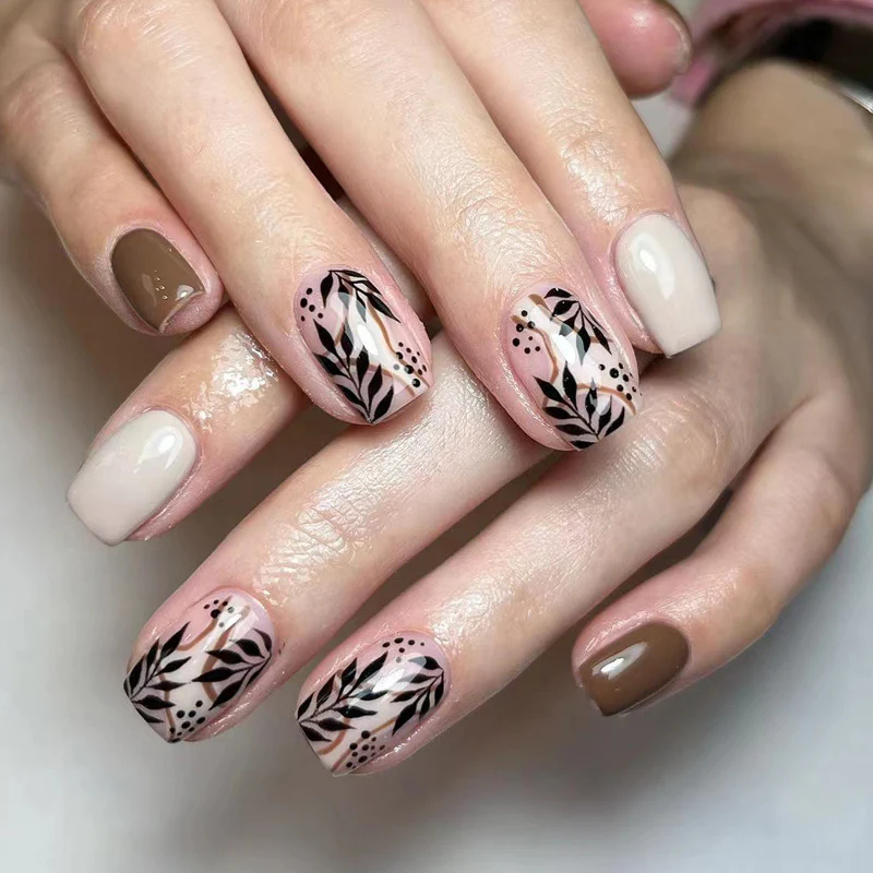 Nature's Whisper Elegant Short Square Beige and Brown Press On Nail Set with Delicate Botanical Design