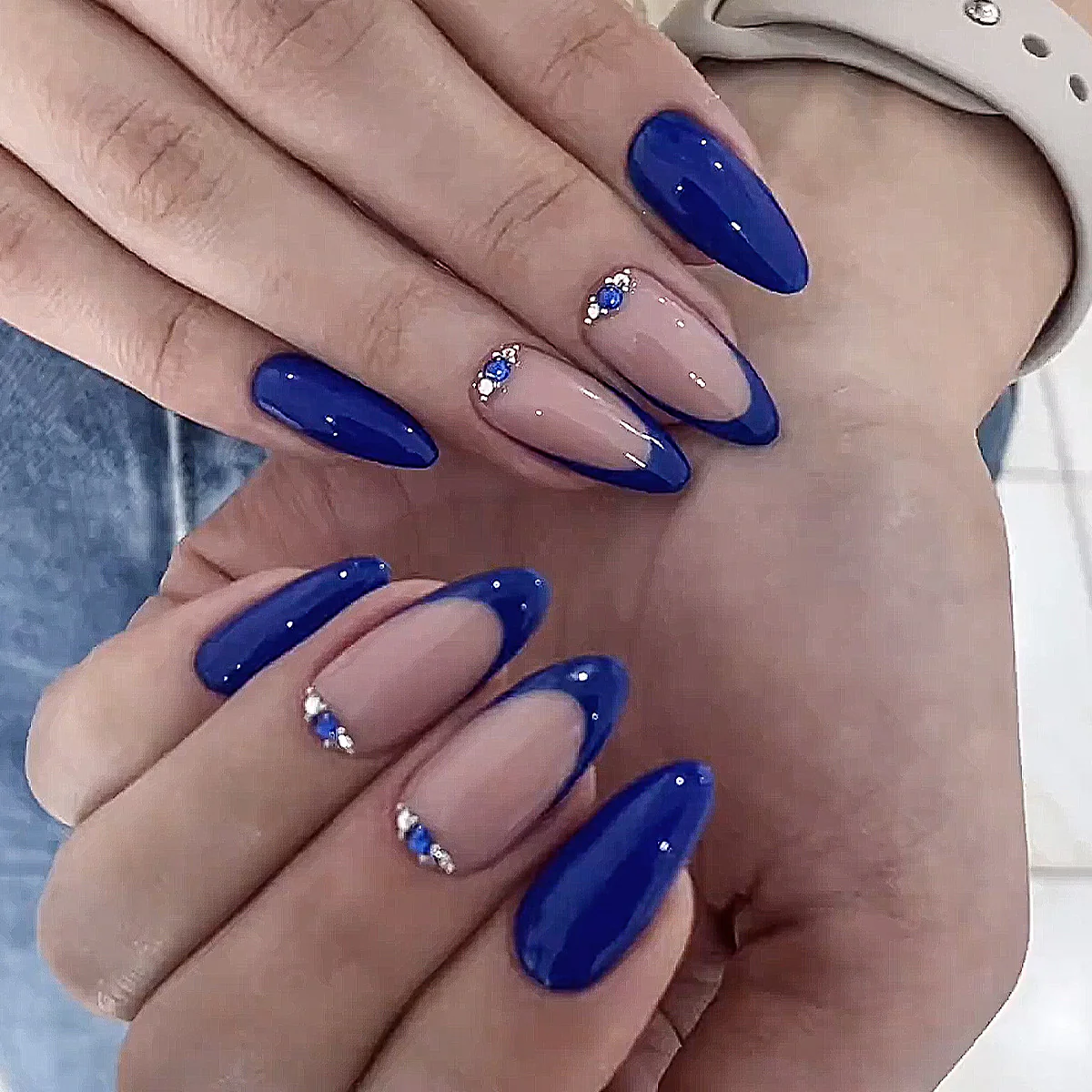 Nautical Vibes Long Almond Blue Press On Nail Set with Elegant Rhinestone Accents
