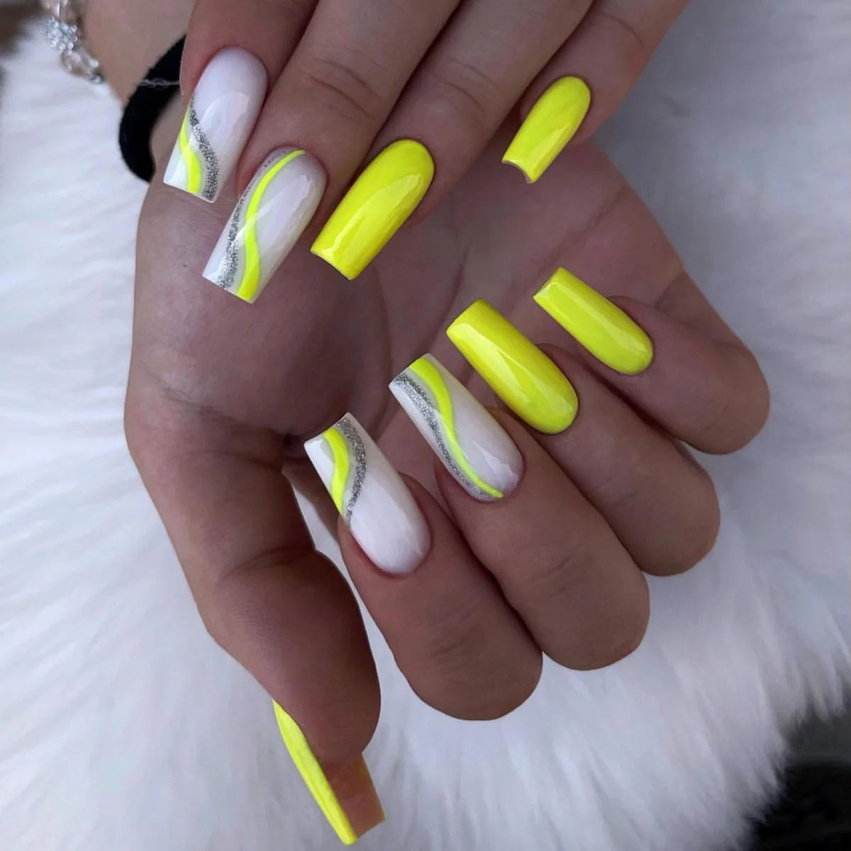 Neon Splash Long Coffin Neon Yellow and White Press On Nail Set with Silver Glitter Accent