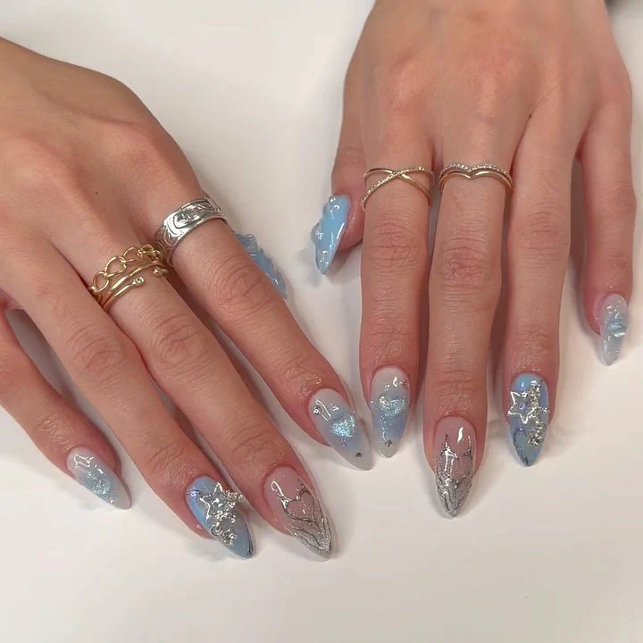 Newport Girlies Medium Almond Blue Studded Press On Nails