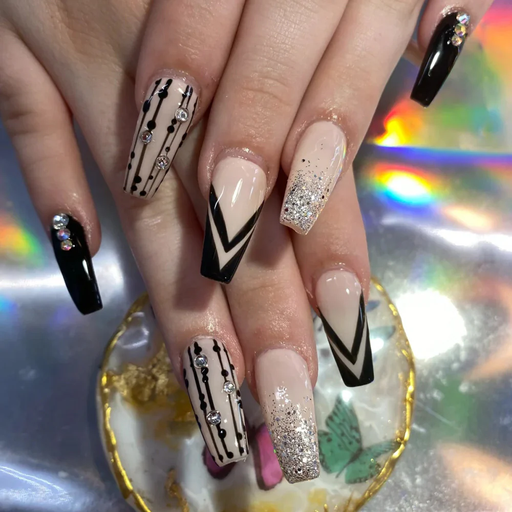 Not Leaving Medium Square Black Abstract Press On Nails