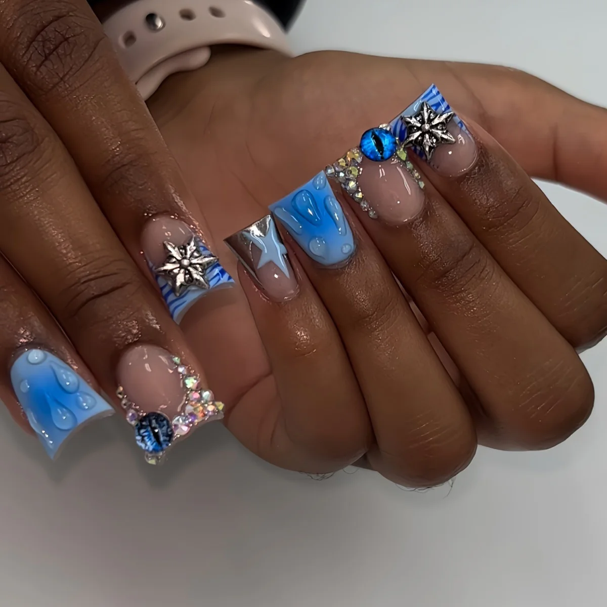 Ocean Breeze Dreamy Long Duck Blue Glittering Press On Nail Set with Jewel Accents