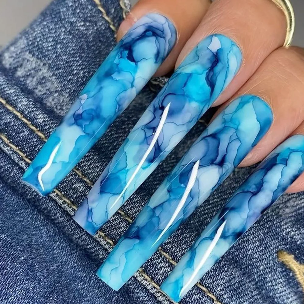 Ocean Elegance Extra-Long Coffin Blue Marble Effect Press On Nail Set