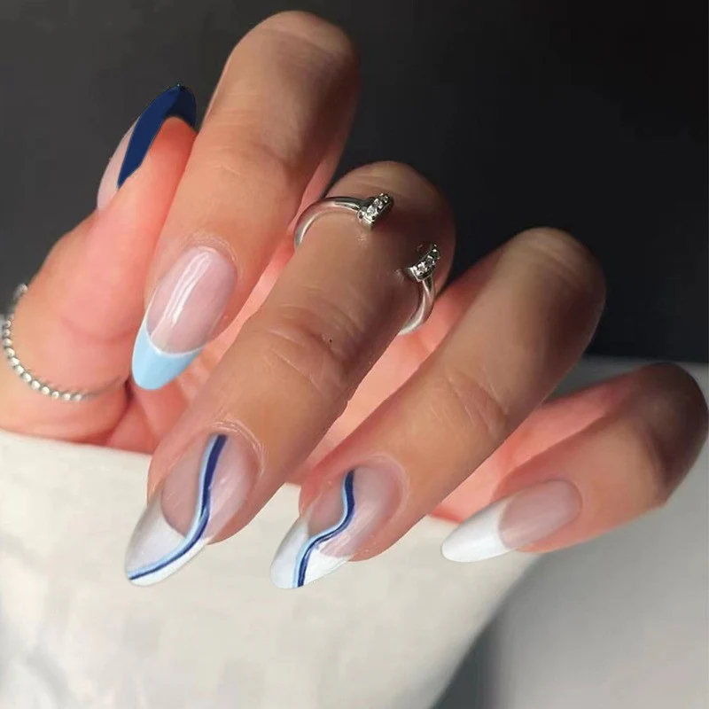Ocean Elegance Long Almond Sky Blue and White Gradient Press On Nail Set with Chic Wave Accent