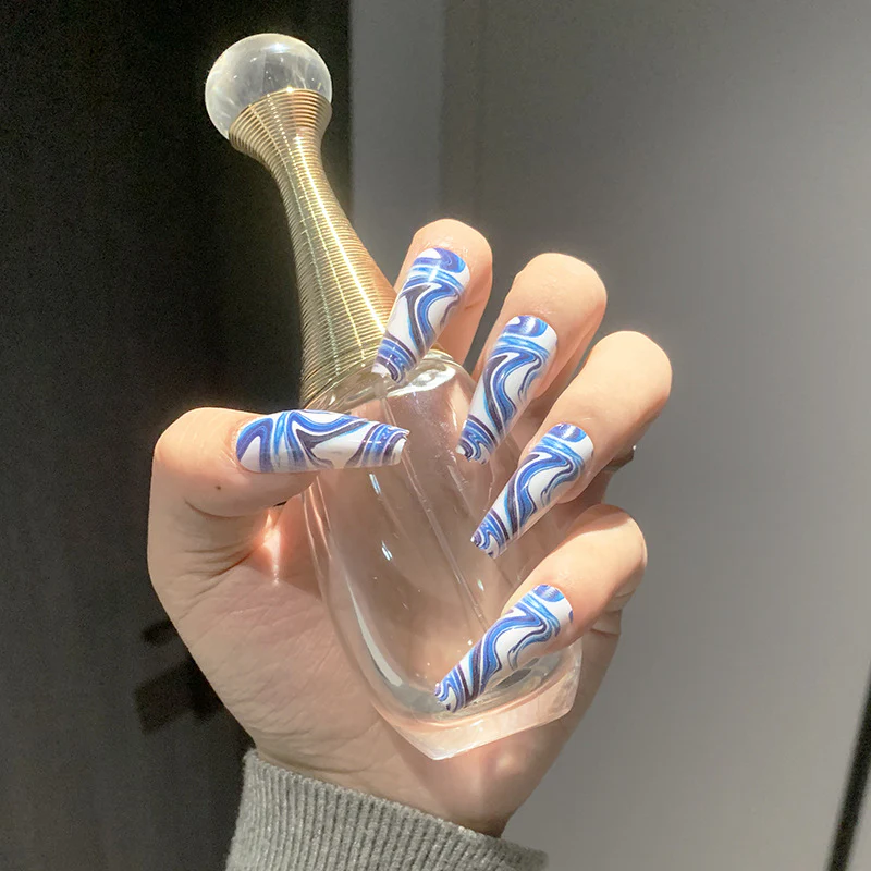 Ocean Waves Extra-Long Coffin Blue Swirl Press On Nail Set with Unique Marbling Design