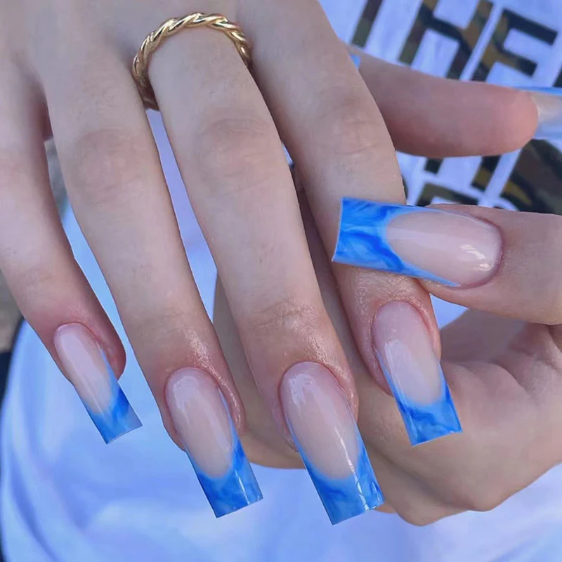 Oceanic Elegance Long Square Blue Marble Press On Nail Set with Ombre Design