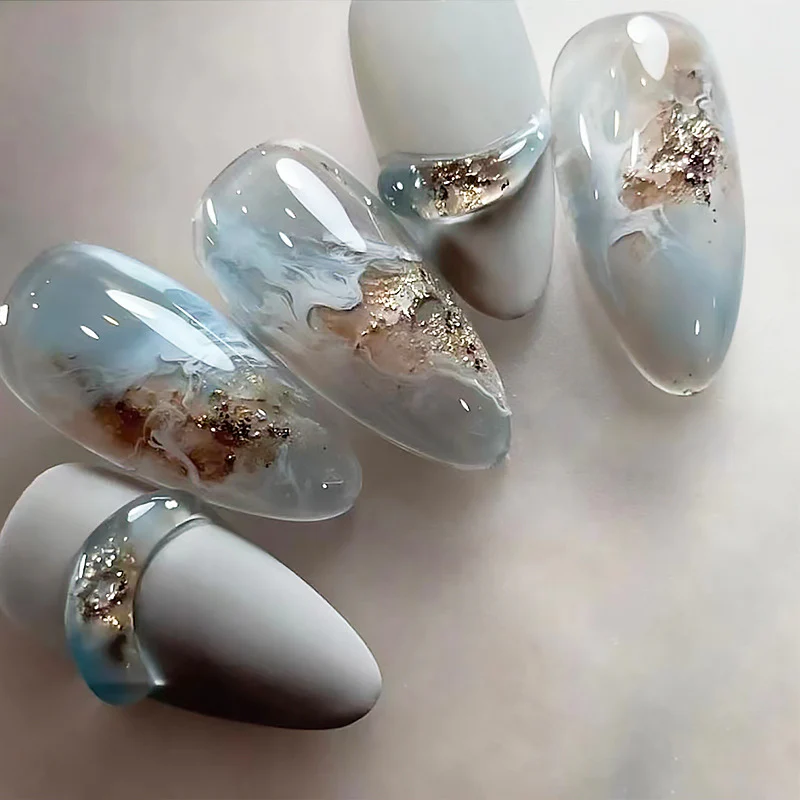 Oceanic Elegance Medium Almond Shape Serene Blue with Metallic Gold Accents Press on Nail Set
