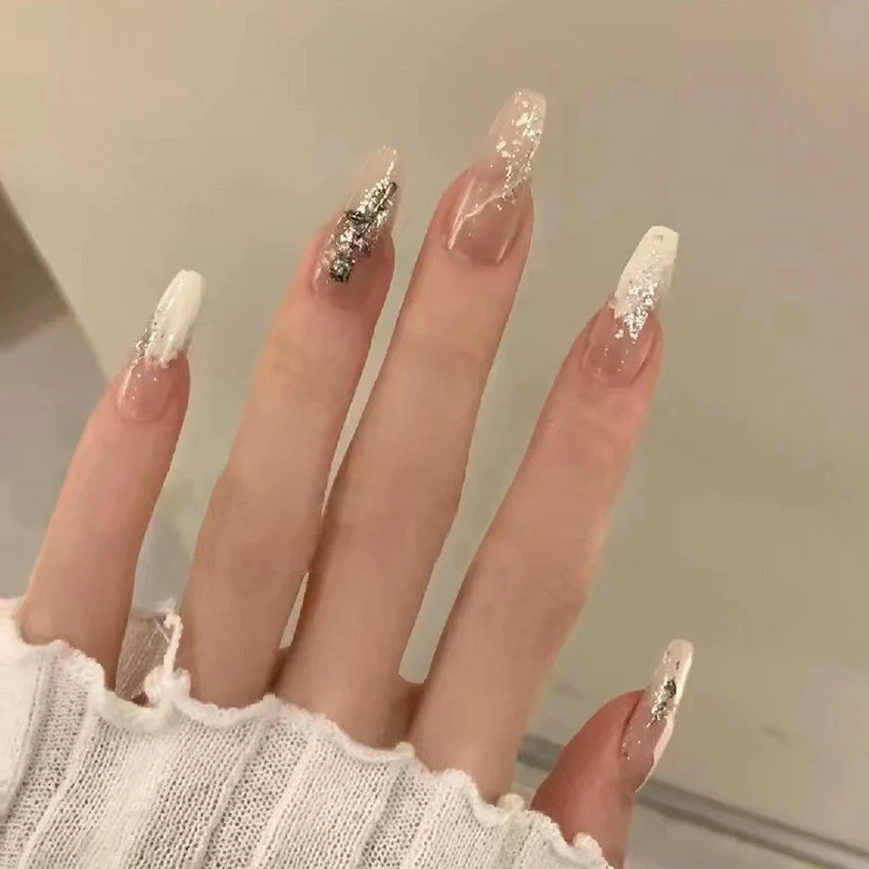 On Air Medium Coffin Silver Glitter Press On Nails