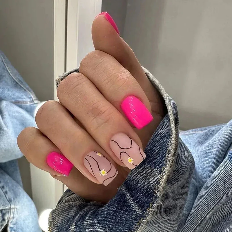 On The Side Medium Square Pink Abstract Press On Nails