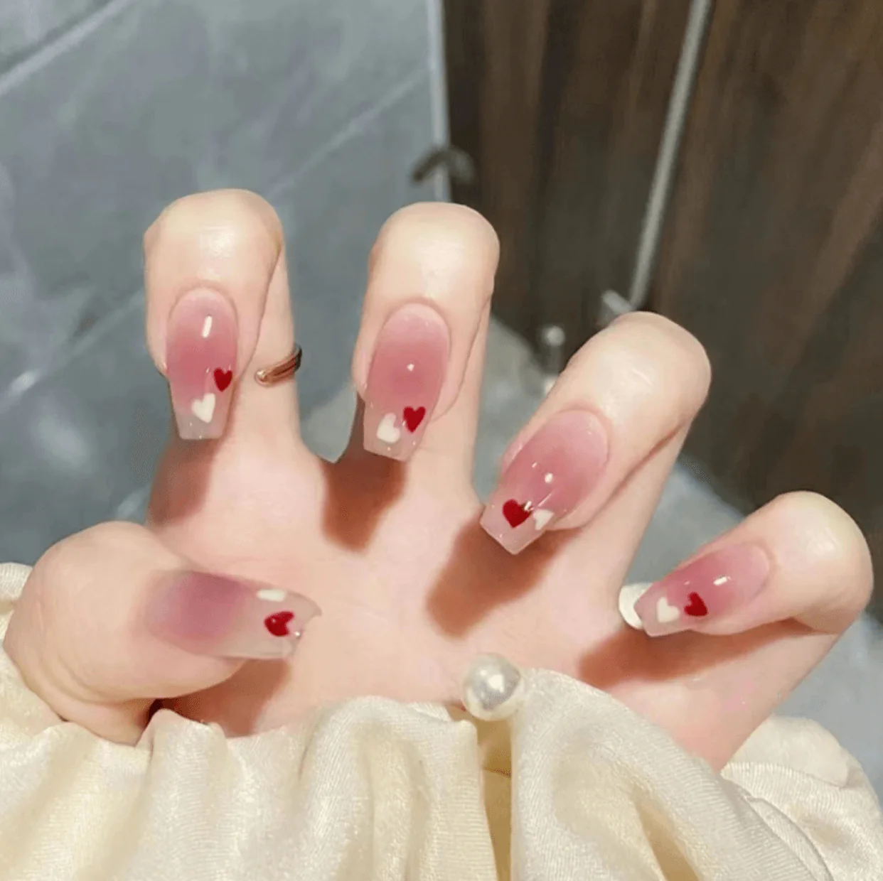 Dipped In Hearts Long Coffin Red Cute Press On Nails