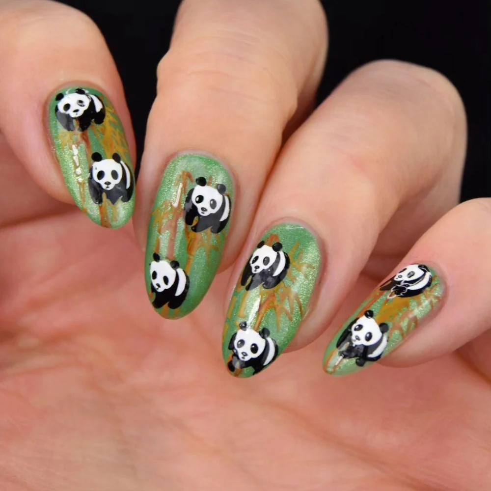 Panda Paradise Extra Long Almond Shaped Green Press On Nails with Cute Panda Design