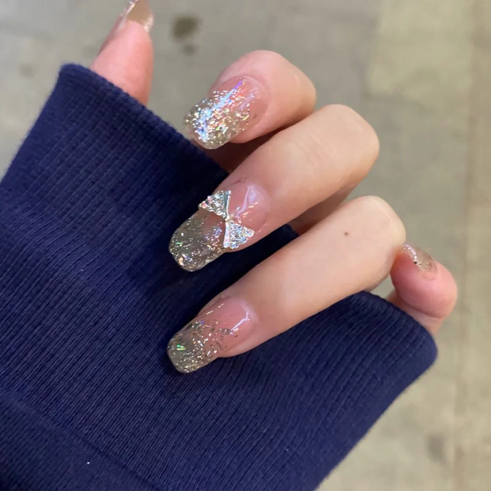 Parachute Long Square Beige Glitter Press On Nails