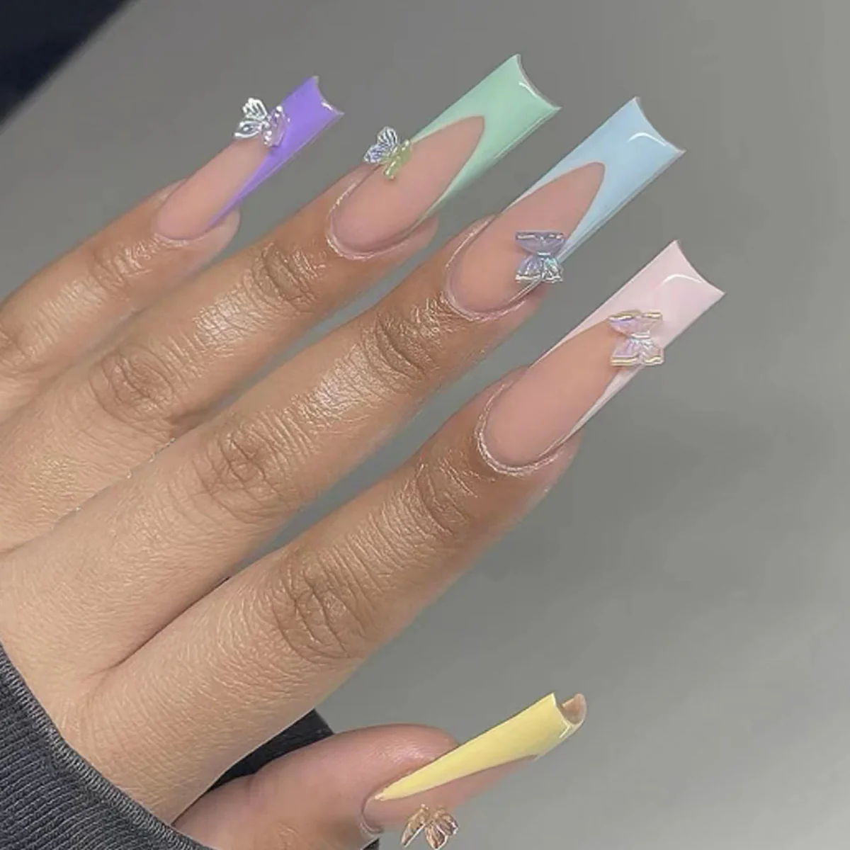 Pastel Perfection Long Coffin Press-On Nails with Ombre Design and Butterfly Charms