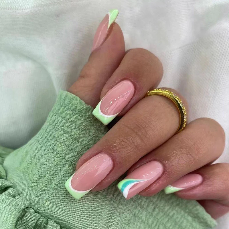 Path To Groove Medium Square Green French Tips Press On Nails