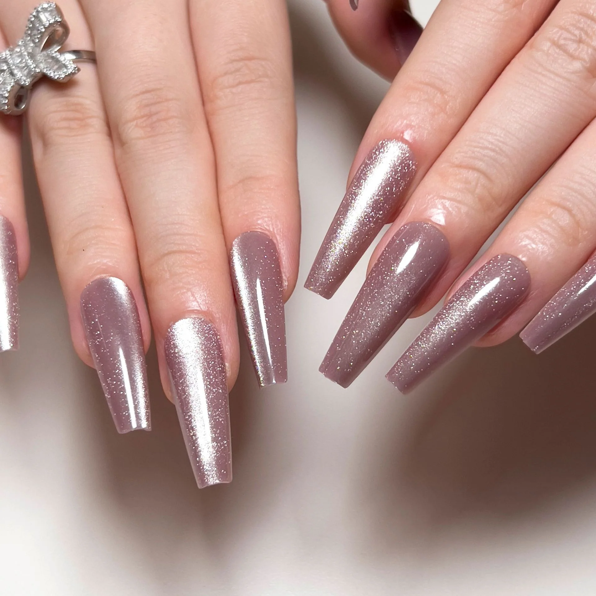 Path To Space Long Coffin Pink Glossy Press On Nails