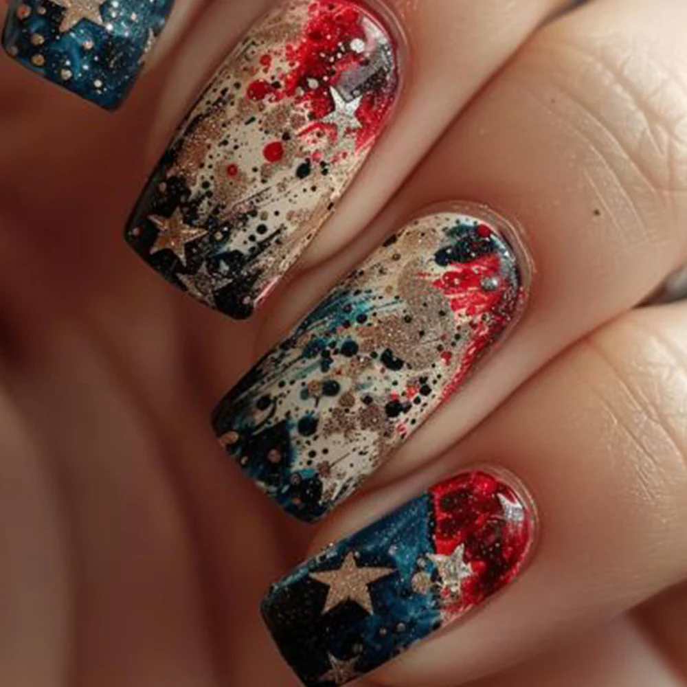 Patriotic Sparkle Medium Square Red Blue and Gold Glitter Press On Nail Set