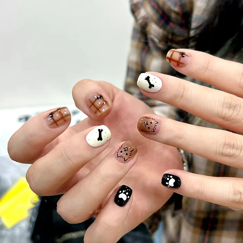 Paw Print Paradise Short Squoval Brown Cream with Playful Animal Designs Press On Nail Set