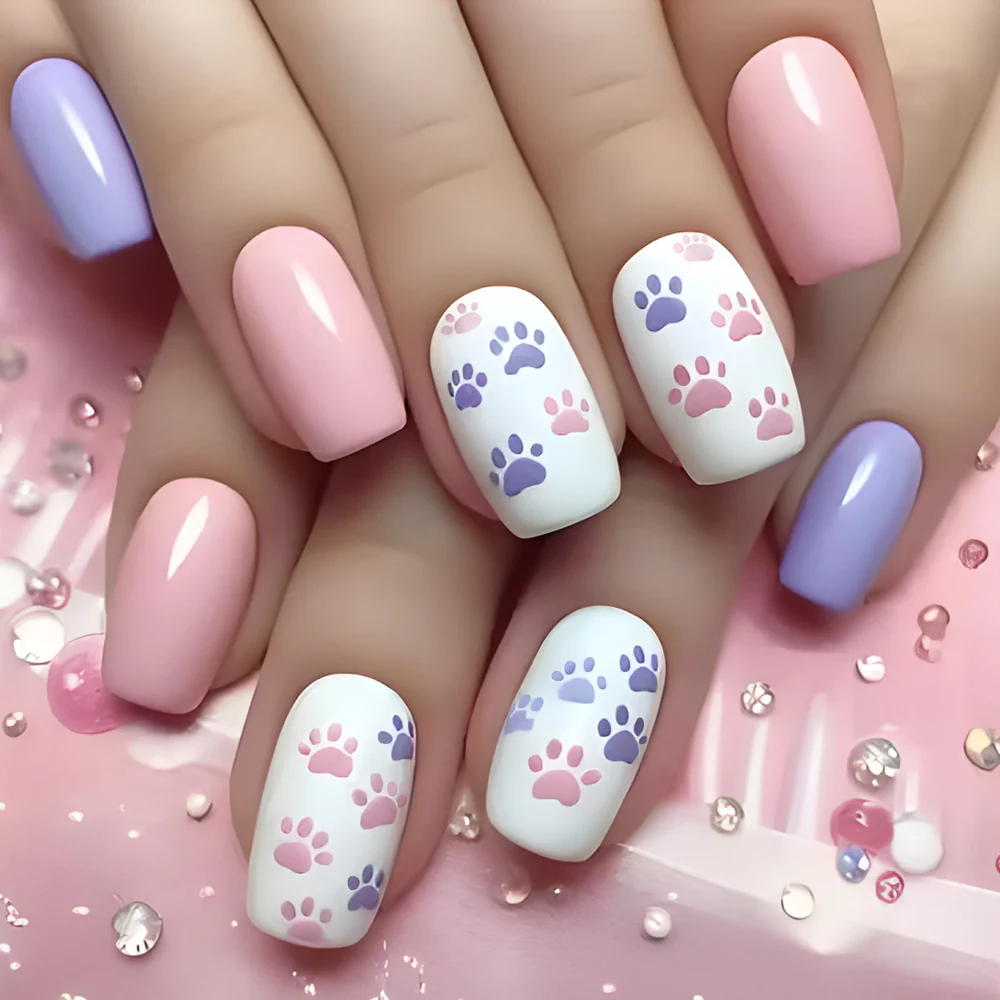 Pawfect Pet Lovers Short Square Shaped Pink and Purple Press On Nail Set with Adorable Paw Print Designs