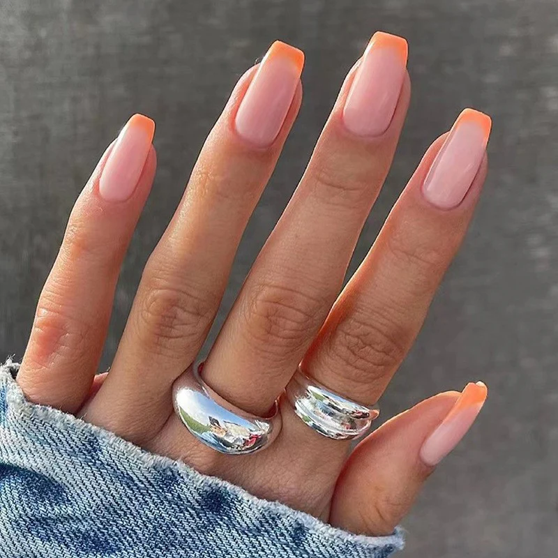 Peachy Keen Medium Coffin Press On Nail Set, Beige with Peach French Tips