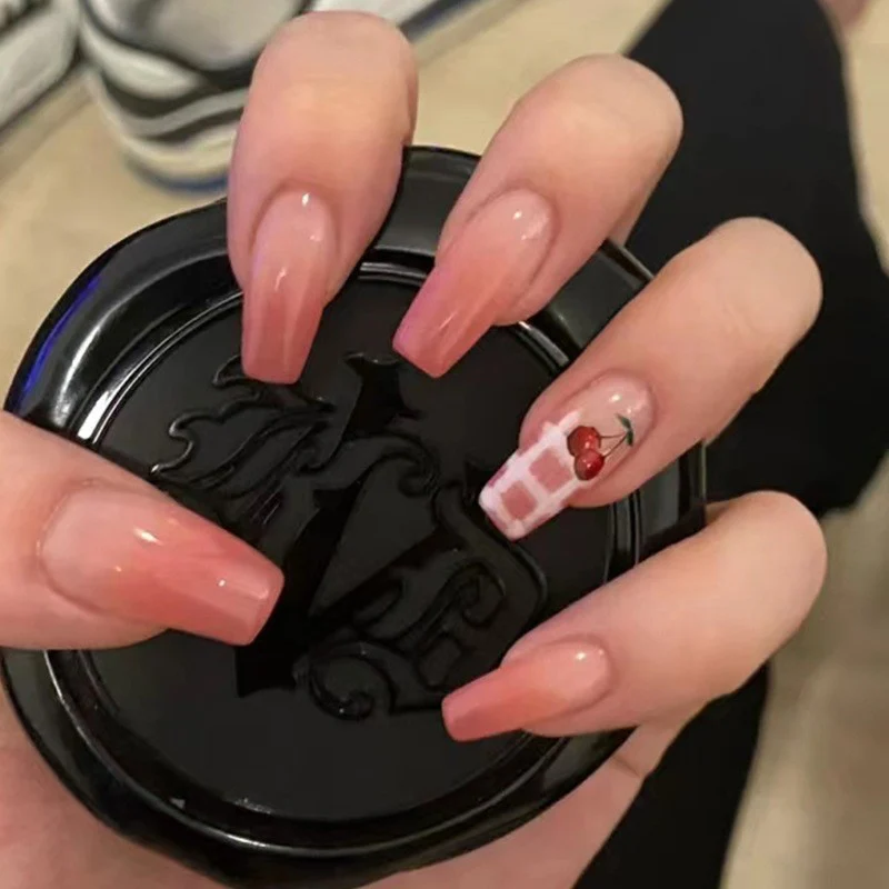 Picnic Plaid Medium Coffin Press-On Nails in Soft Pink with Gingham Accent and Cherry Design