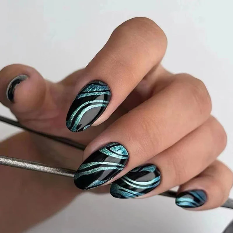 Pluto Short Oval Black Glitter Press On Nails