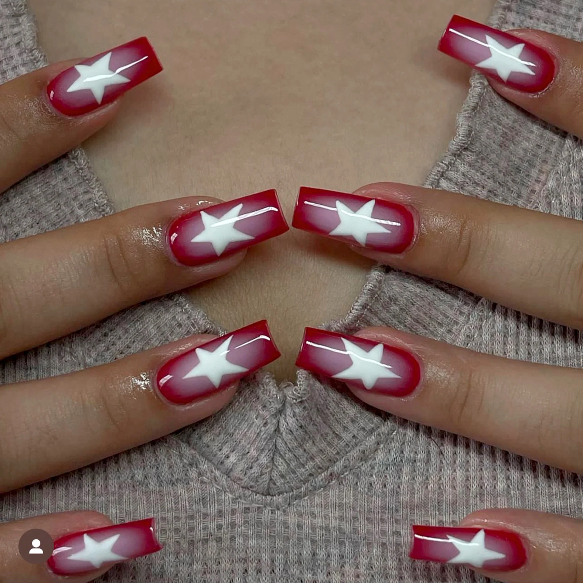 Pop Star Medium Square Cherry Red Press-On Nails with Bold White Stars