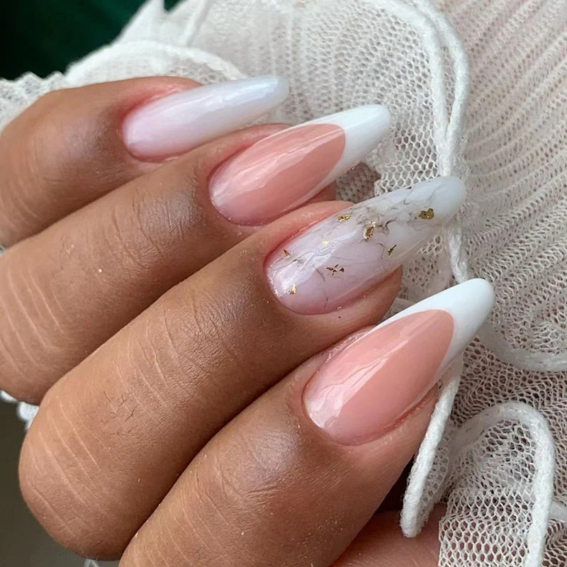 Pretty Good Medium Almond White Marble Press On Nails
