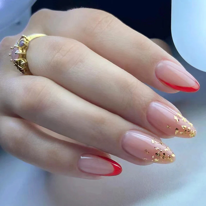 Professional Treasure Medium Oval Red French Tips Press On Nails