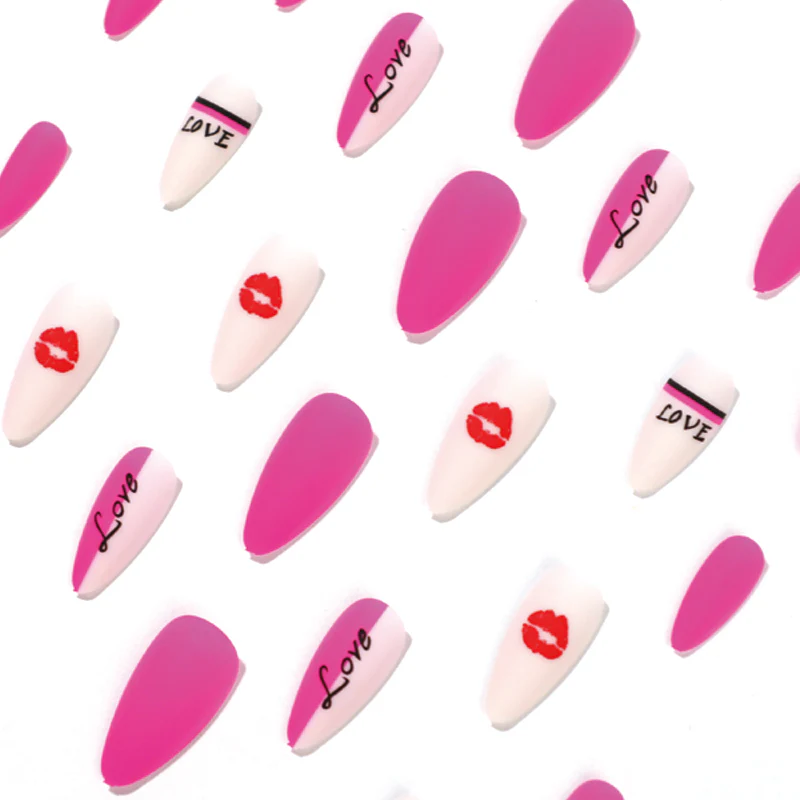 Pucker Up Long Almond Pink Valentine's Day Press On Nails - Image 2