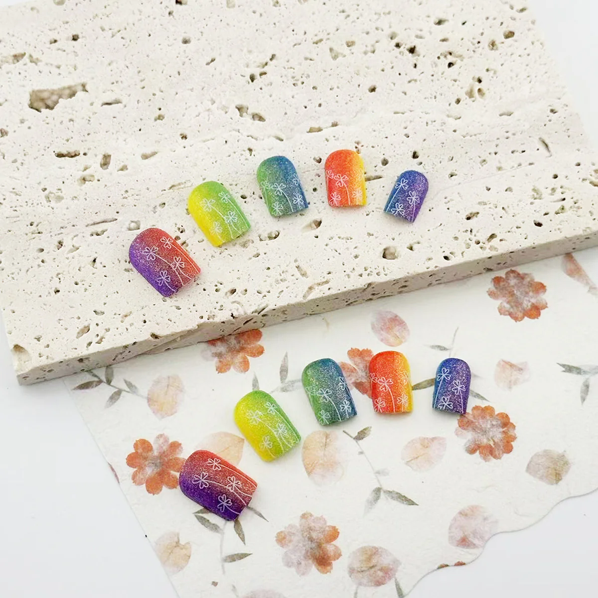 Rainbow Dream Press On Nails Set Featuring Ombre Gradient and Elegant Floral Design in Short Square Shape Multicolor Finish