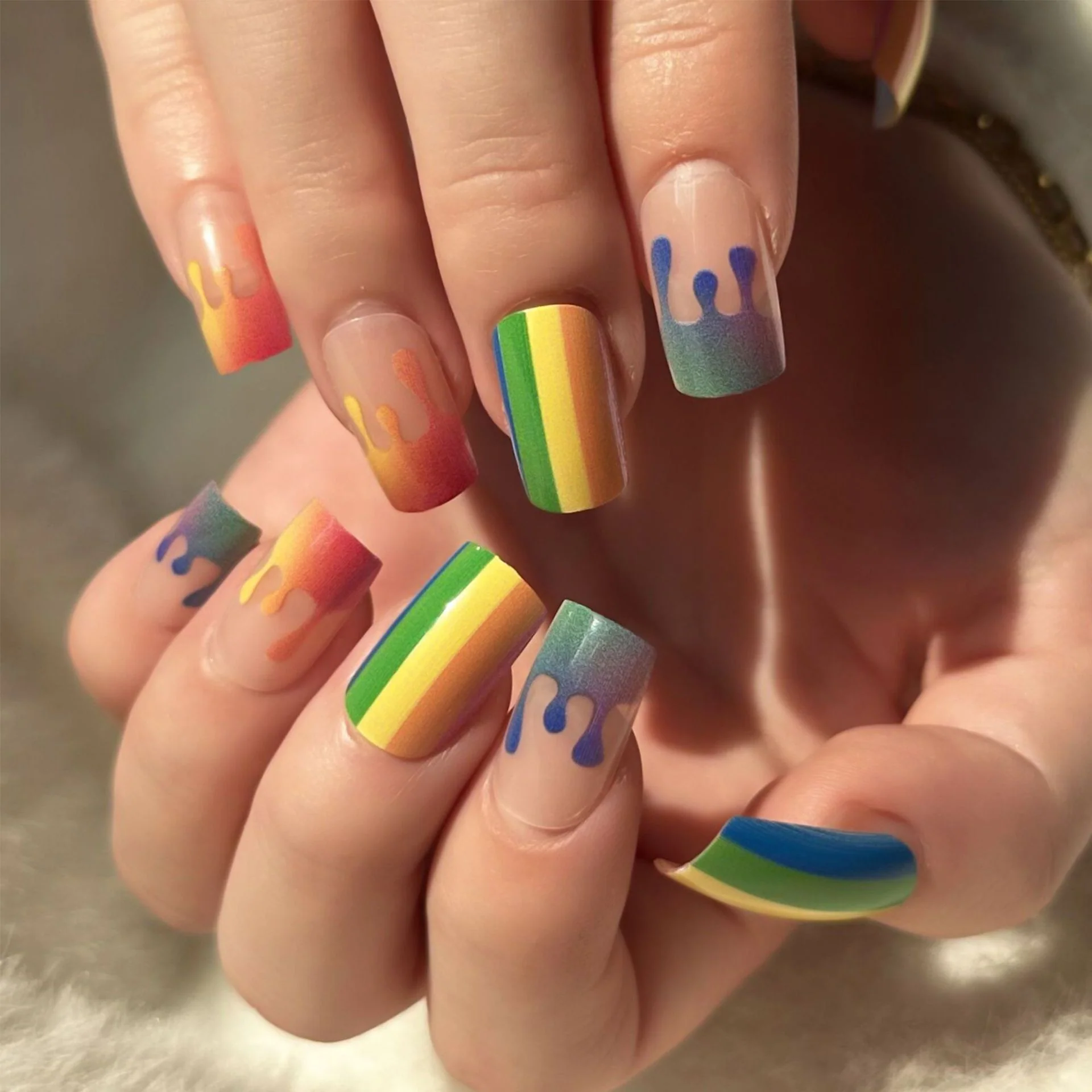 Rainbow Drip Long Square Gradient Press On Nail Set with Multicolor Dripping Design