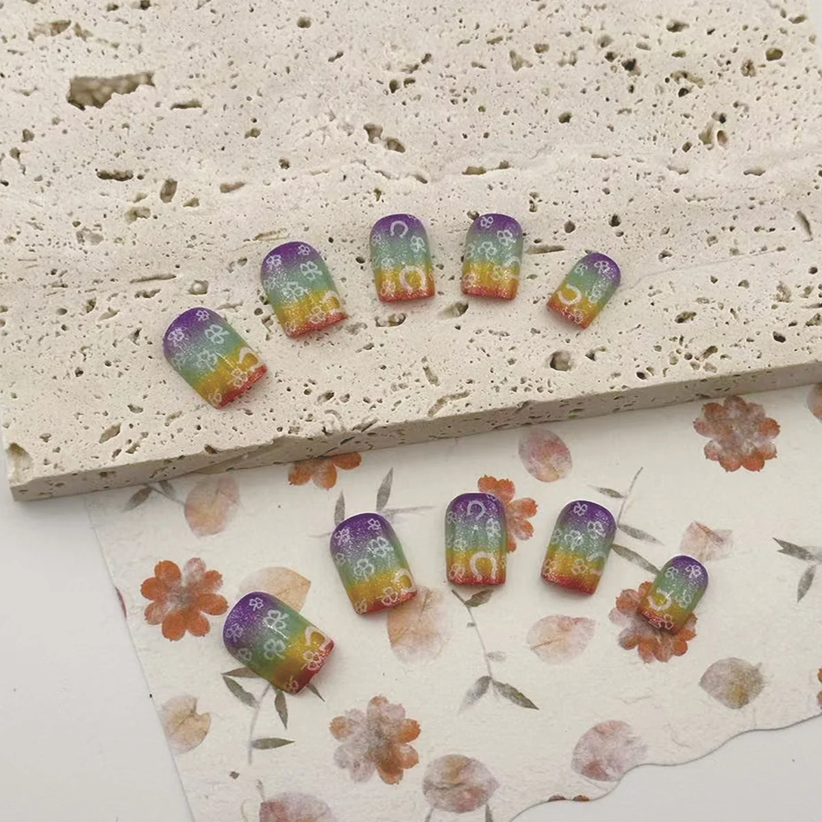 Rainbow Garden Dreamy Press On Nail Set Short Square Gradient Color with Floral Patterns