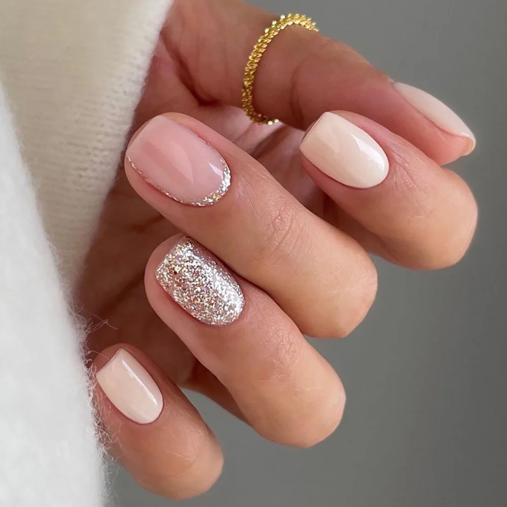 Randomly Dropped Medium Square Silver Glitter Press On Nails