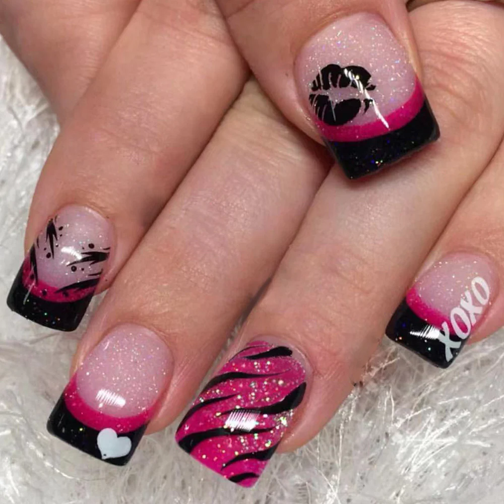 Ravishing Romance Short Square Pink and Black Gradient Press-On Nail Set with Sparkling Glitter and Bold Patterns