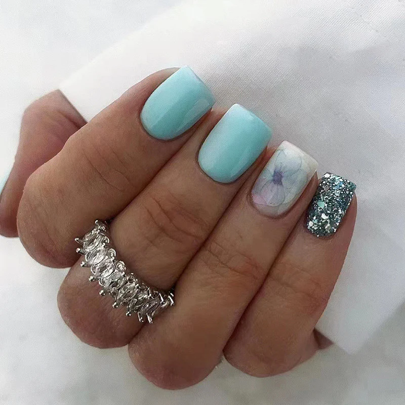 Right Here Short Square Blue Glitter Press On Nails