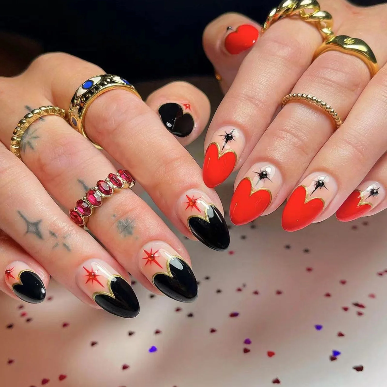 Rockstar Romance Medium Oval Black and Red Heart Accented Press-On Nails - Edgy Love Collection