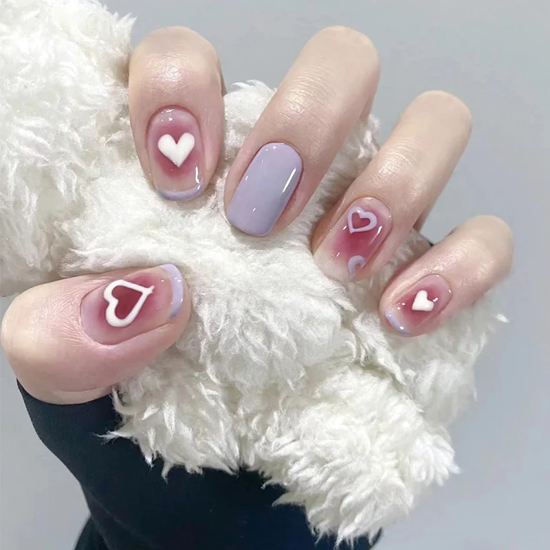 Romantic Affair Medium Square Lavender Press On Nail Set with Heart Accents