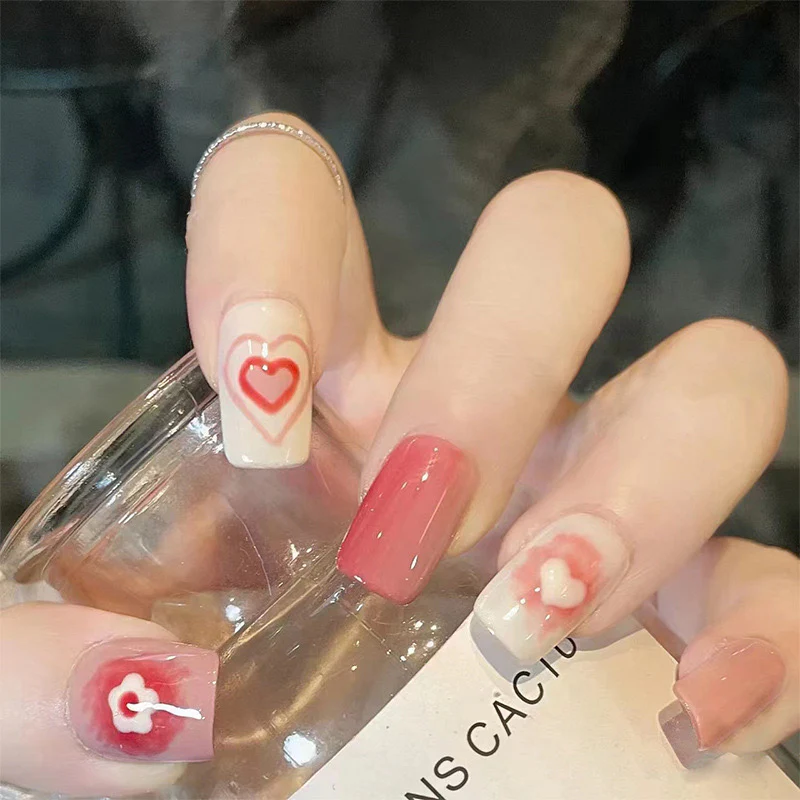 Romantic Affair Medium Square Red and White Press On Nail Set with Heart Accents