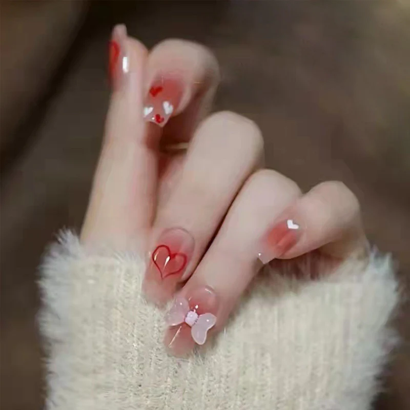 Romantic Aura Medium Coffin Pink Press On Nail Set with Delicate Heart Accents