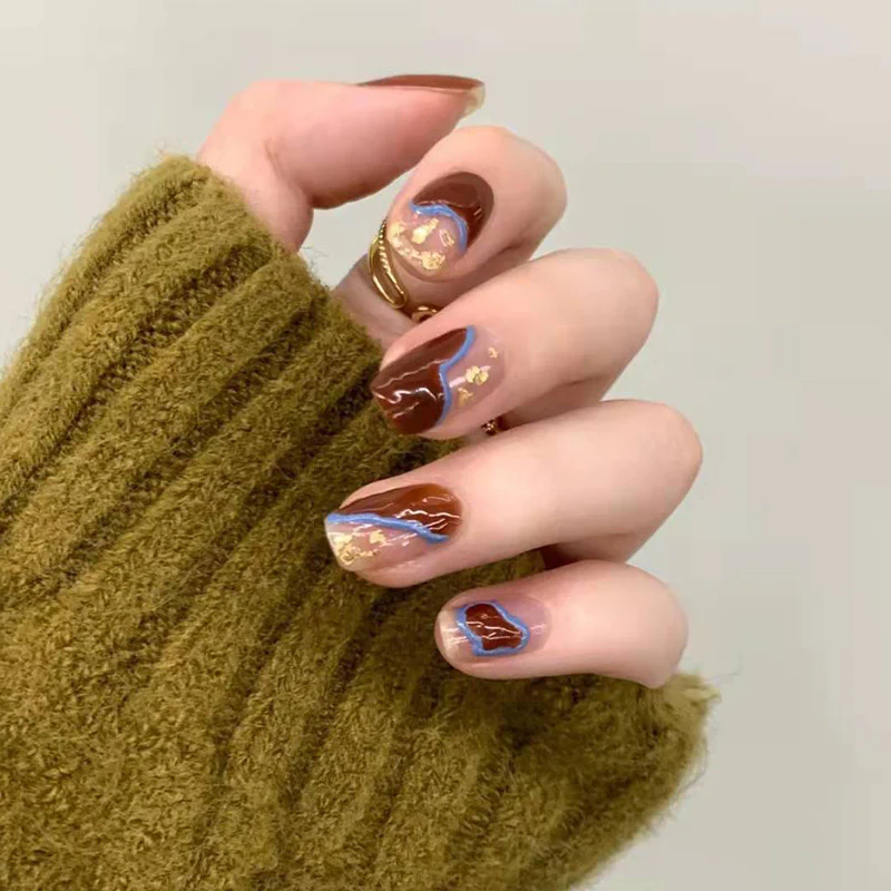 Romantic Autumn Elegance Medium Square Brown Press On Nails with Gold Flake Accents