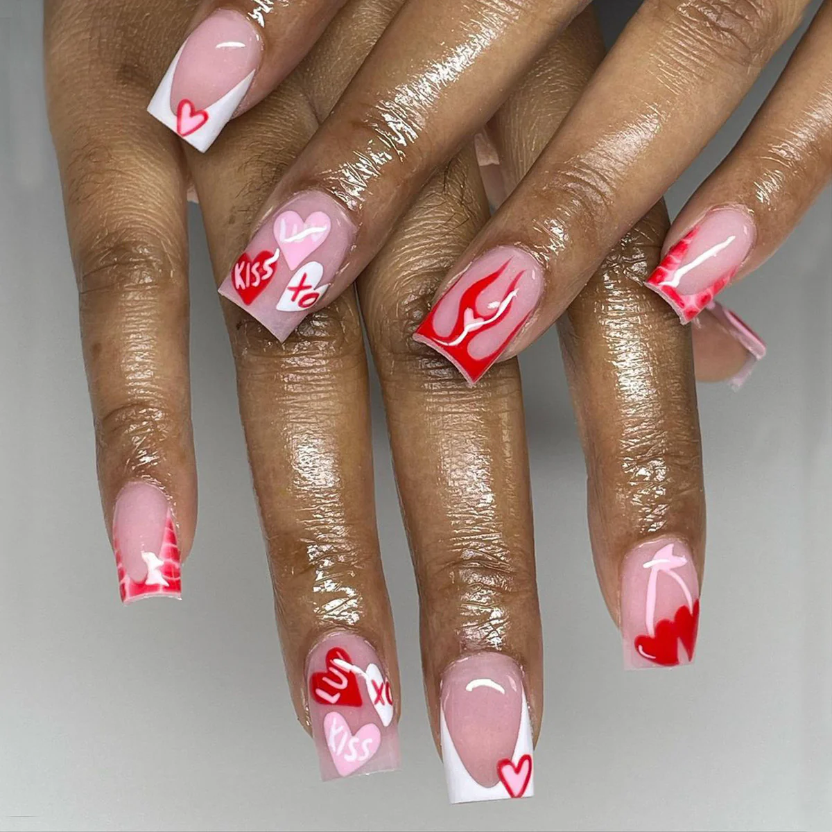 Romantic Bliss Medium Square Pastel Pink Nail Set with Heart and Flame Designs