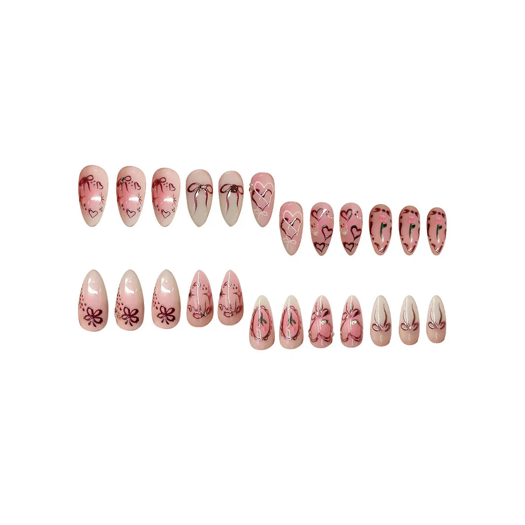 Romantic Blossom Short Almond Pink Floral Nail Set with Artistic Designs