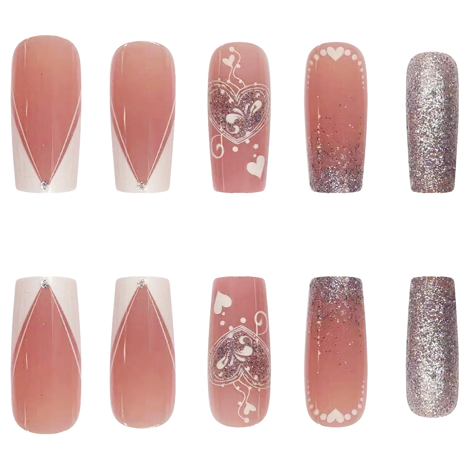 Romantic Blush Long Square Pink with Heart Design and Glitter Press-On Nail Set