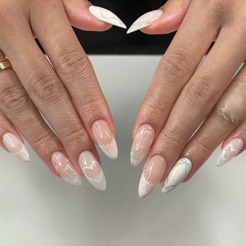 Romantic Charm Long Almond Shaped White Press On Nail Set with Delicate Bow Designs