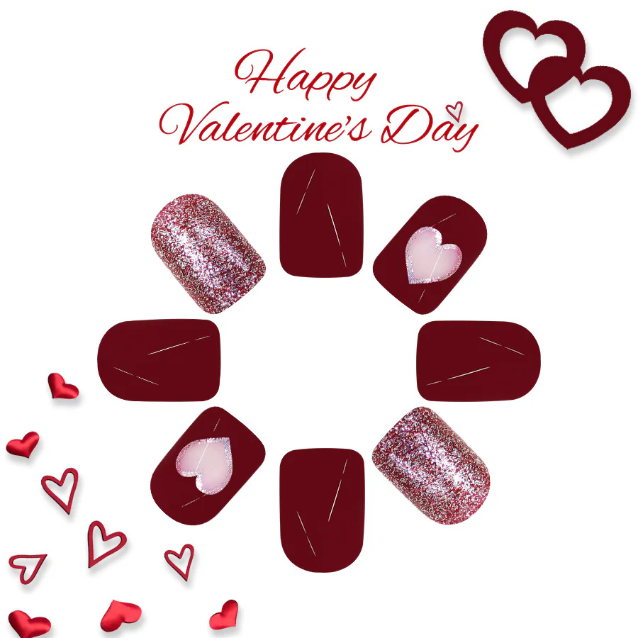 Romantic Charm Short Square Burgundy Nails with Heart Accent and Glitter Sparkle