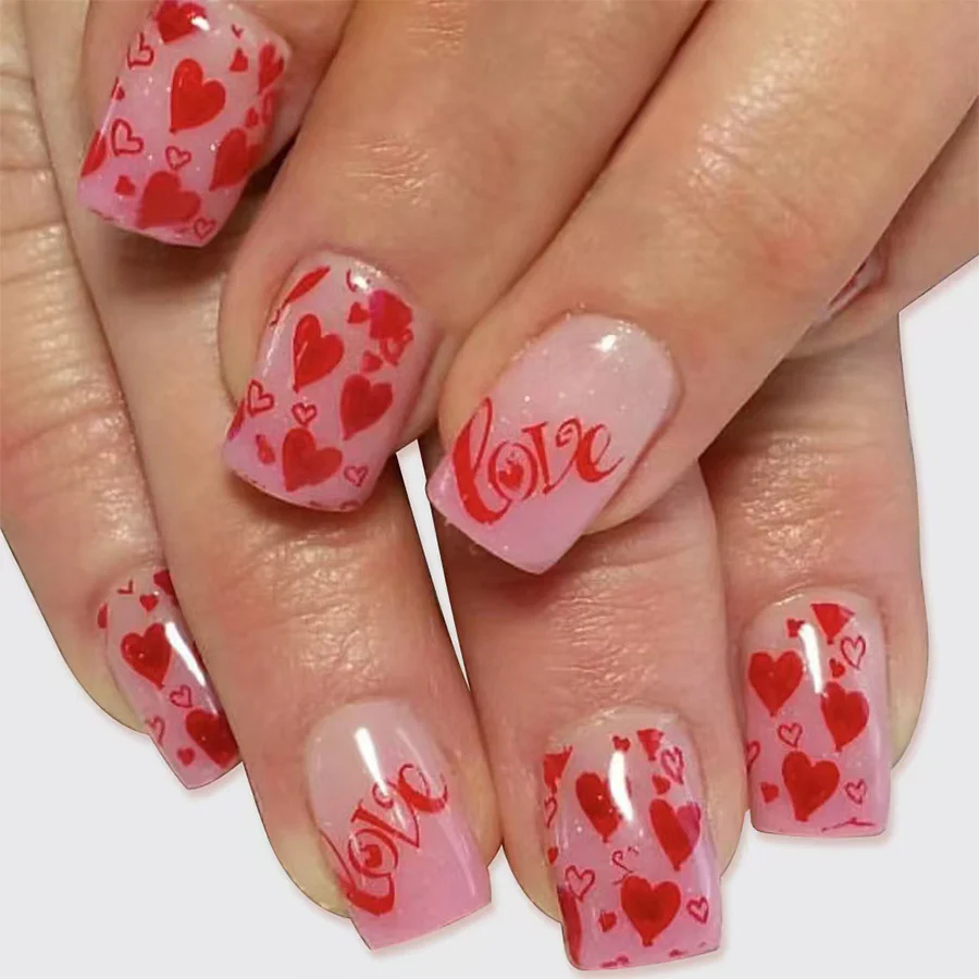 Romantic Charm Short Square Pink Press On Nails with Heart and Love Design