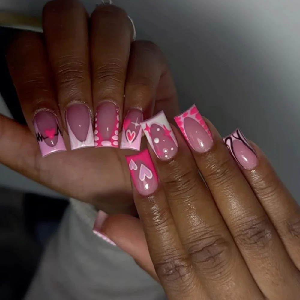 Romantic Elegance Medium Square Pink Press-On Nail Set with Heart and Dot Designs